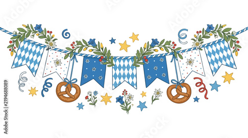 Festive garland banner with blue and white diamond pattern flags, pretzels, and flowers for celebration