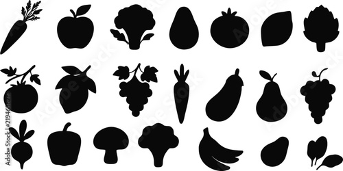 Detailed collection of healthy food silhouettes featuring fresh organic vegetables and various delicious fruits in a professional vector graphic design