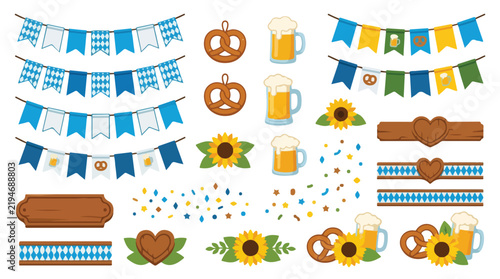 Traditional festival vector illustration set with beer mug, pretzel, bunting and sunflower