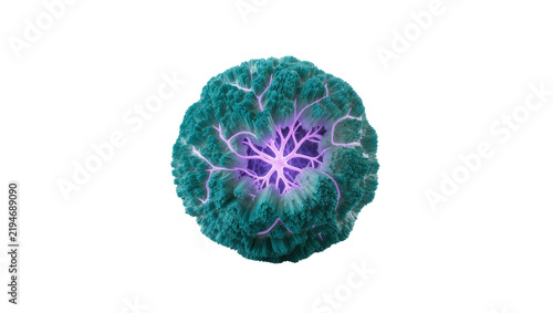 Abstract bioluminescent organism with glowing purple core and teal textured exterior, isolated on transparent background