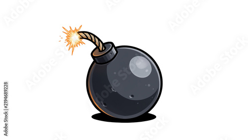 Фотография Round black bomb with lit fuse and sparks, isolated on transparent background
