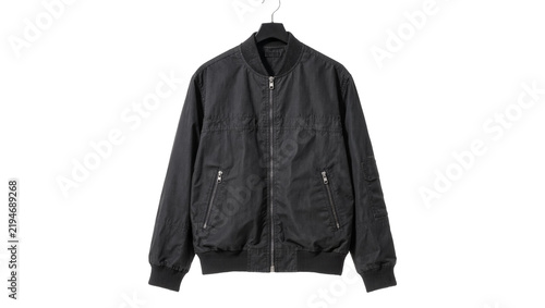 Obraz na plátně Black bomber jacket with zipper and pockets, isolated on transparent background