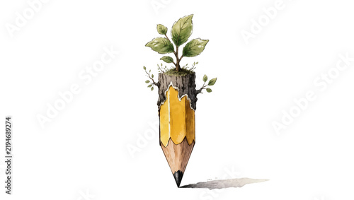 Yellow pencil with growing plant sprout emerging from wood, isolated on transparent background