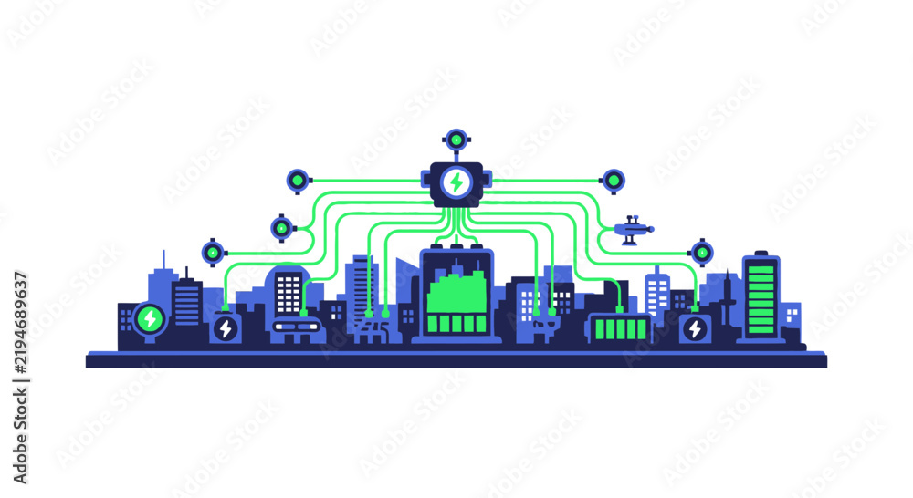 Obraz premium Sustainable Smart City Energy Grid Concept with Renewable Power Connections and Battery Storage Vector