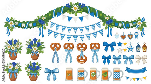 Traditional Bavarian celebration decoration set with garlands, pretzels, beer mugs, and floral bouquets