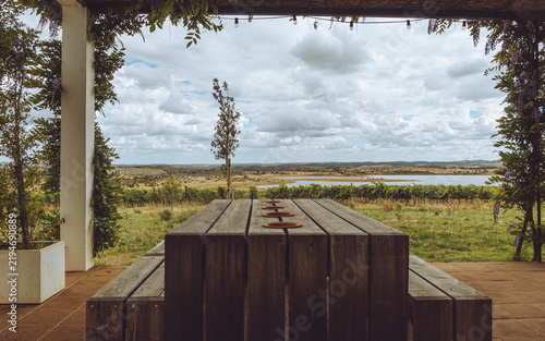 Scenic vineyard view from a rustic wooden picnic table at Herdade do Esporão, Alentejo, Portugal