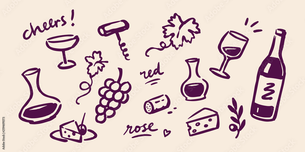 Obraz premium Wine and Cheese Hand Drawn Doodle Set