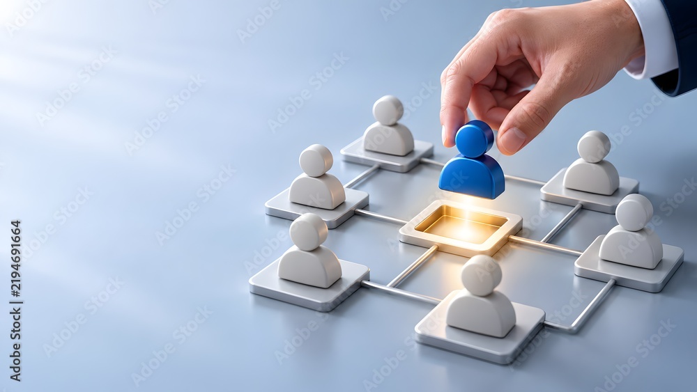 Obraz premium Hand placing a blue leader figure into a glowing network center among white employee icons representing team management and human resources selection
