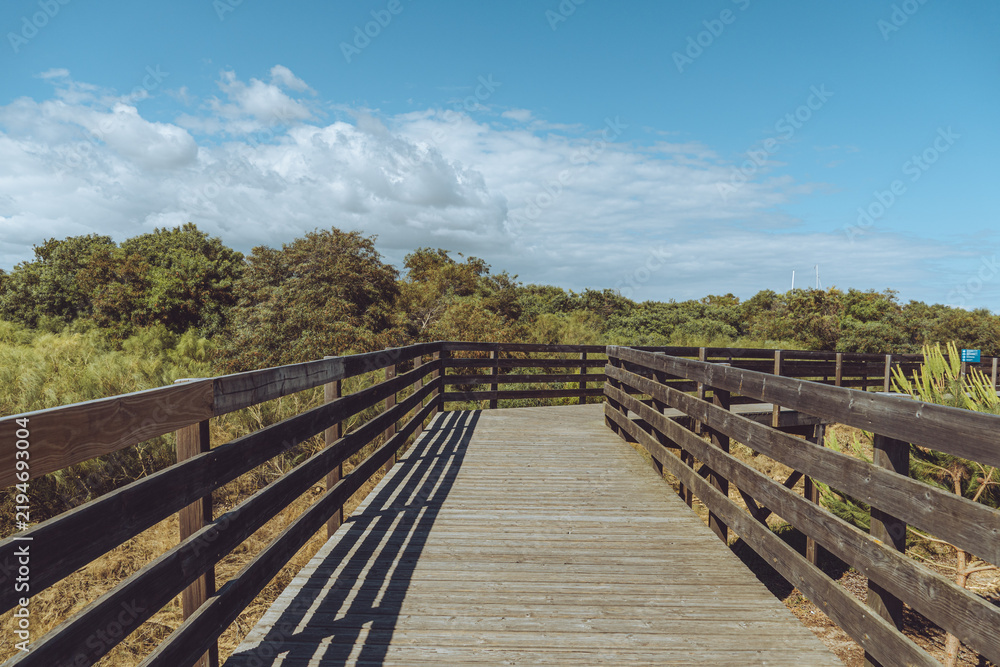 Obraz premium Scenic Wooden Boardwalk Trail in Troia, Portugal under a Blue Sky