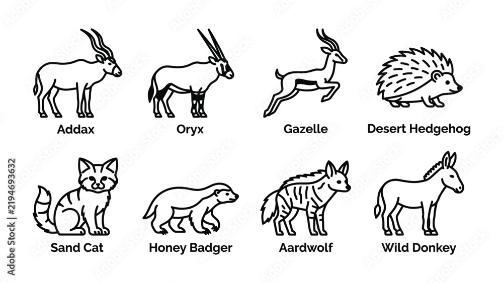 Fototapeta premium Desert Animal Iconography: A collection of eight distinct desert animal illustrations, including Addax, Oryx, Gazelle, Desert Hedgehog, Sand Cat, Honey Badger, Aardwolf, and Wild Donkey.