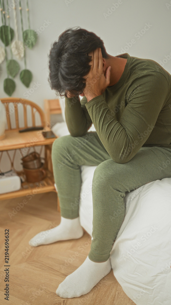 Fototapeta premium Man young hispanic seated on bed covering face with hands, head bowed and shoulders hunched in studio bedroom; anxiety introspection fatigue.