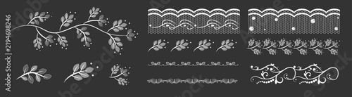 Lace border set, horizontal vector collection of white botanical leaf branches, mesh trims and floral scroll ornaments. Elegant layout for wedding invitation, card decoration and branding.