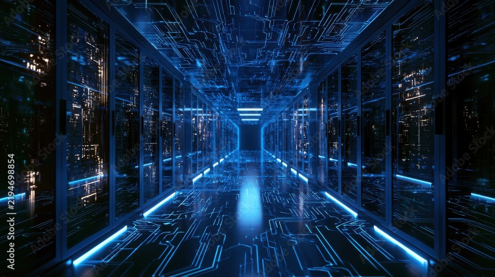 Obraz premium Futuristic Data Center Corridor with Advanced Technology, Neon Lights, and High-Tech Digital Design Elements Showcasing Modern Server Infrastructure