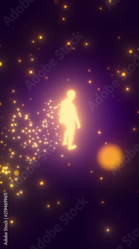 looped 3D animation. A man walks through golden particles