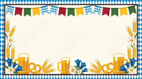 Oktoberfest Celebration Frame Vector Illustration with Beer Mugs Pretzels and Bavarian Flag Border