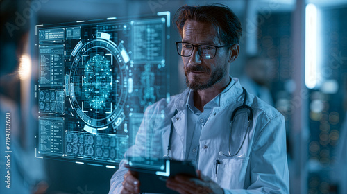 doctor reviewing electronic medical records protected by AI biometric authentication, floating generic security interface, modern smart hospital