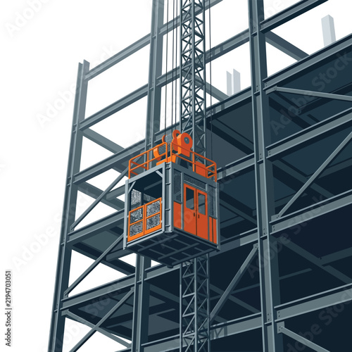 Industrial Construction Elevator on Steel Skyscraper Framework - Vector Illustration of Building Site Development