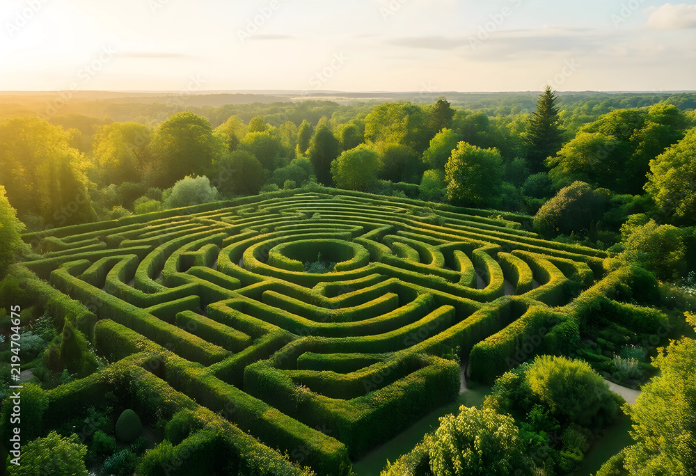 Obraz premium Problem solving and strategic planning, complex hedge maze in a lush green garden at sunset business challenges and finding the right path