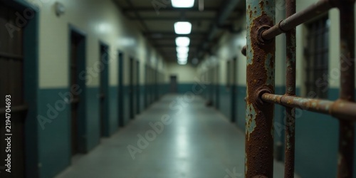 A long, dimly lit corridor with numerous doors and a rusty metal gate in the foreground, suggesting confinement and isolation.