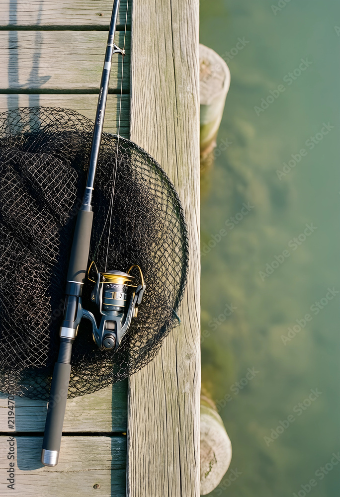 Fototapeta premium Leisure and recreation, fishing rod with net on wooden pier by lake for outdoor hobby and travel lifestyle, summer vacation activity at water edge