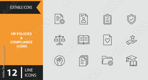 HR Policies and Compliance Line Art Icons Set for Business Regulation Corporate Governance Manuals