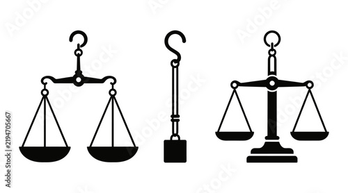 Black and White Vector Illustration of Balancing Scales and Weight Measurement Tools