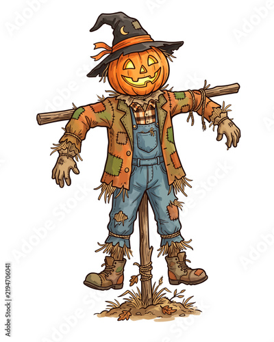 Detailed digital illustration of a standing Halloween scarecrow with a carved pumpkin head