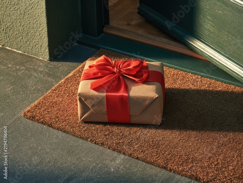 Contactless Christmas gift exchange with wrapped parcel on doorstep