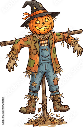 Pumpkin scarecrow with carved glowing face and patched clothes illustration