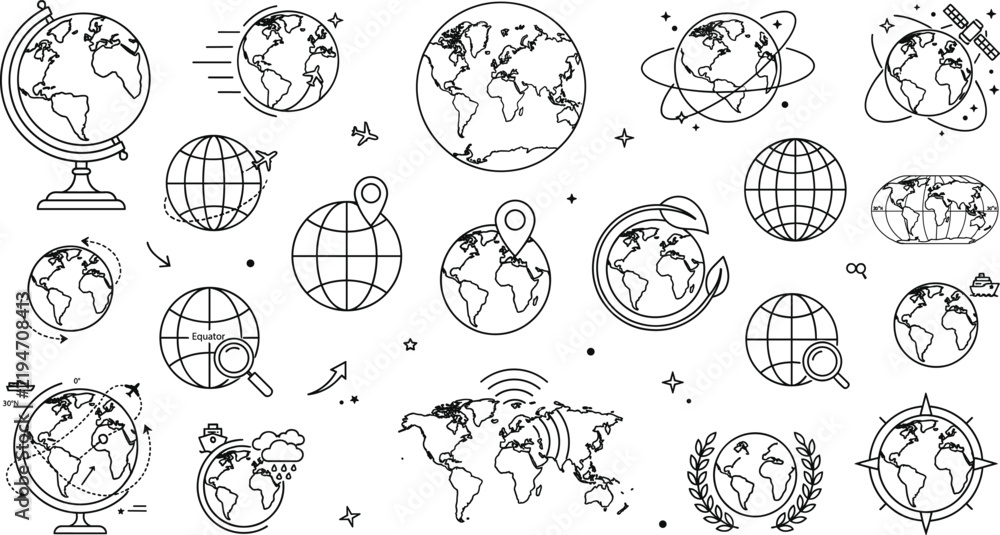 Obraz premium Planet earth globe world map icon set with geography navigation and global grid line art vector illustration background