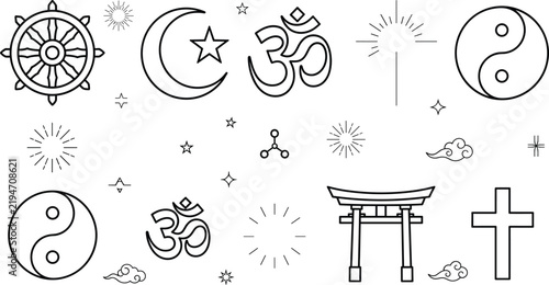 Foto World religion symbols icon set with cross star crescent om yinyang torii gate d