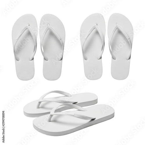 Four pairs of white flip flops sandals arranged neatly