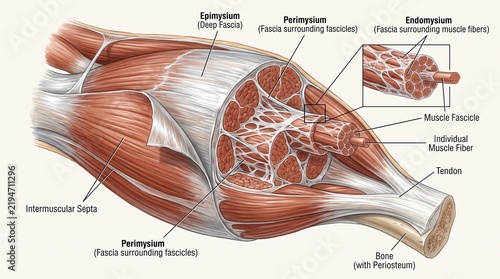 Human skeletal muscle anatomy diagram showing fascia and fibers