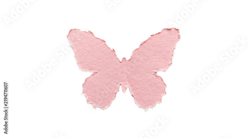 Butterfly shaped light pink handmade paper cutout is isolated on a clean transparent background.