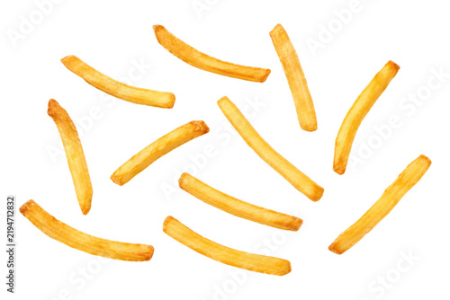 Scattered golden French fries isolated on a white background, crispy potato sticks arranged individually in a top view with clean copy space for food and snack concepts.