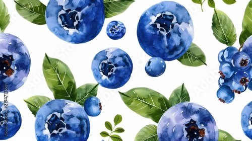 Colorful Watercolor Blueberries and Green Leaves Background Design for Creative Projects
