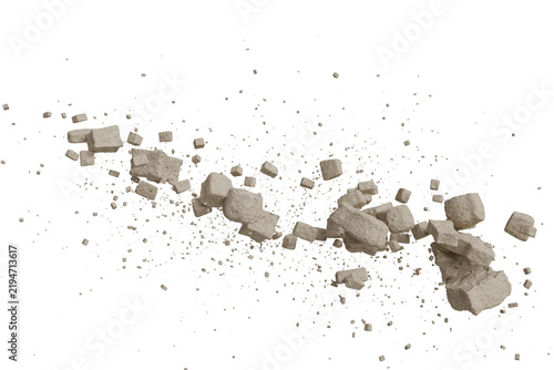 exploding stone cubes and concrete blocks shattering into debris