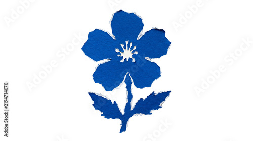 Blue flower illustration crafted from textured paper cutouts isolated on a crisp transparent backdrop.