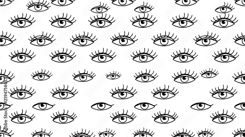 Obraz premium Black Line Eyes and Eyelashes Seamless Vector Pattern, Hand Drawn Minimalist Eye Ornament for Fashion, Textile, Wallpaper and Decorative Design