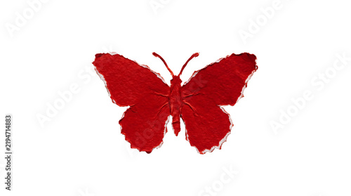Butterfly shaped from deep red textured fibrous paper isolated on a plain background.