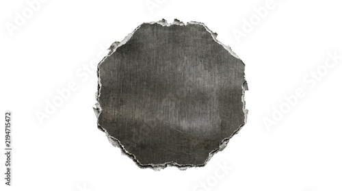Circular metal plate with jagged edges isolated on a transparent backdrop.