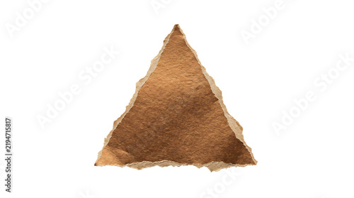 Triangle geometric figure made from a textured brown material with ragged ripped edges isolated on transparent background.