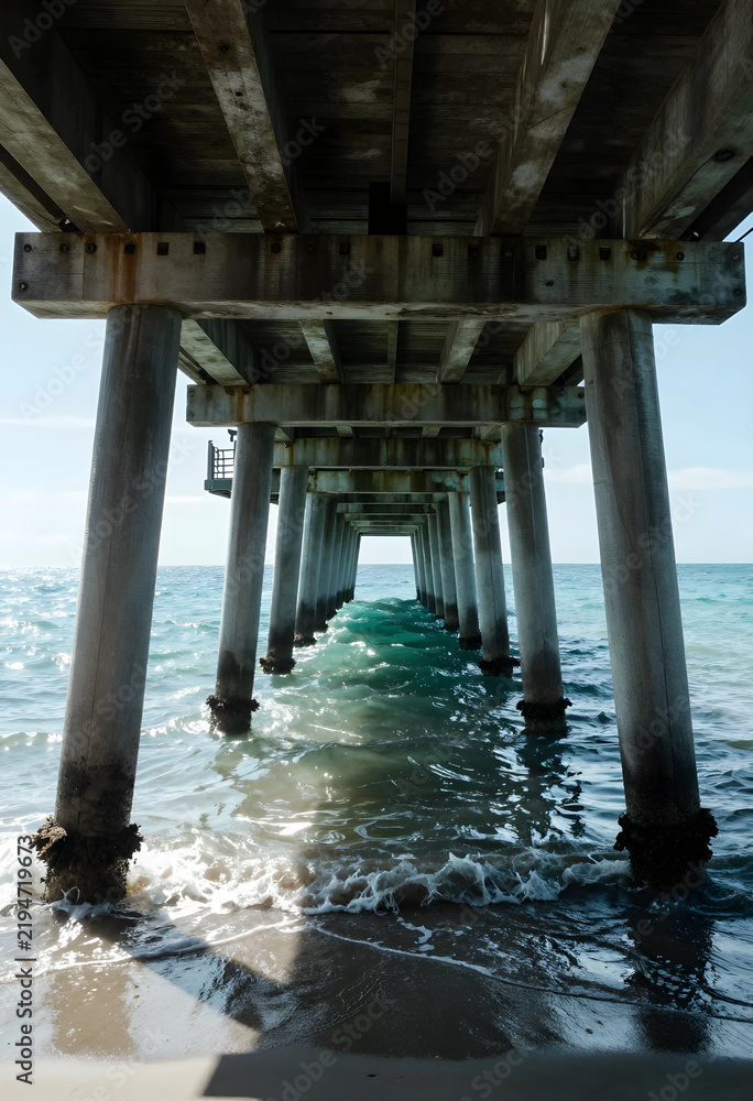 Fototapeta premium Travel and vacation escape, wooden pier structure over ocean waves with perspective view and sunlight reflection on water surface at tropical beach