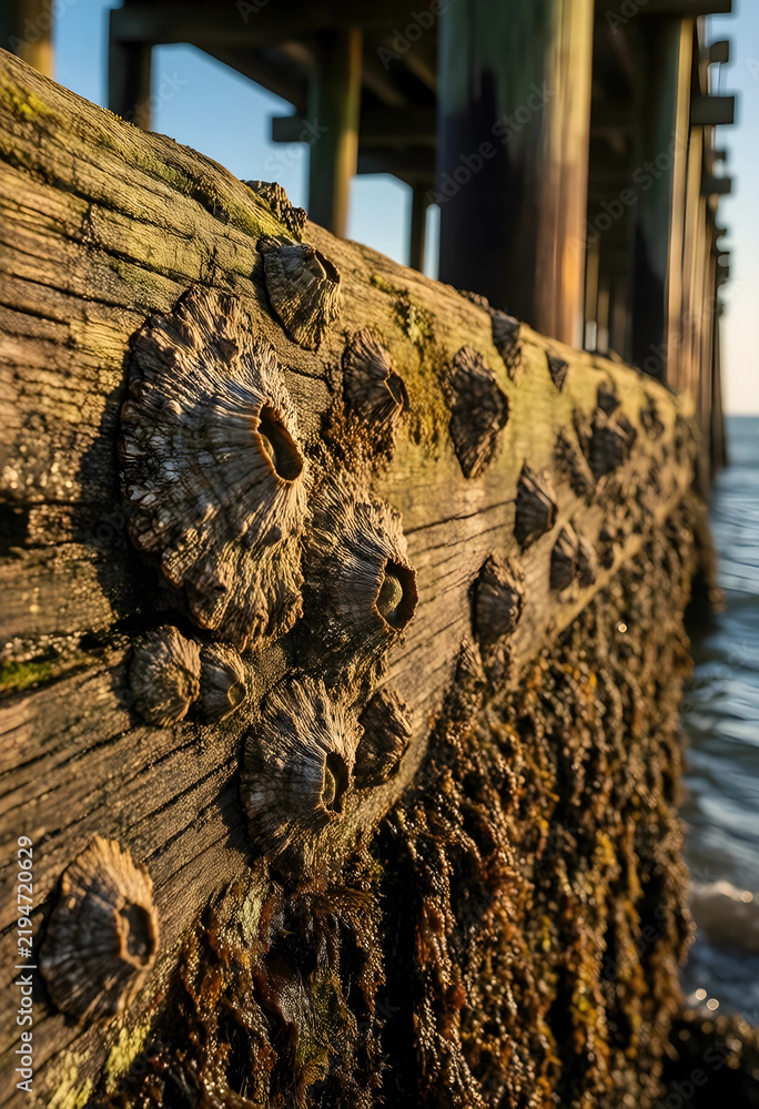 Fototapeta premium Marine ecosystem and coastal biodiversity, barnacles attached to weathered wooden pier piling in ocean water at sunset for environmental conservation