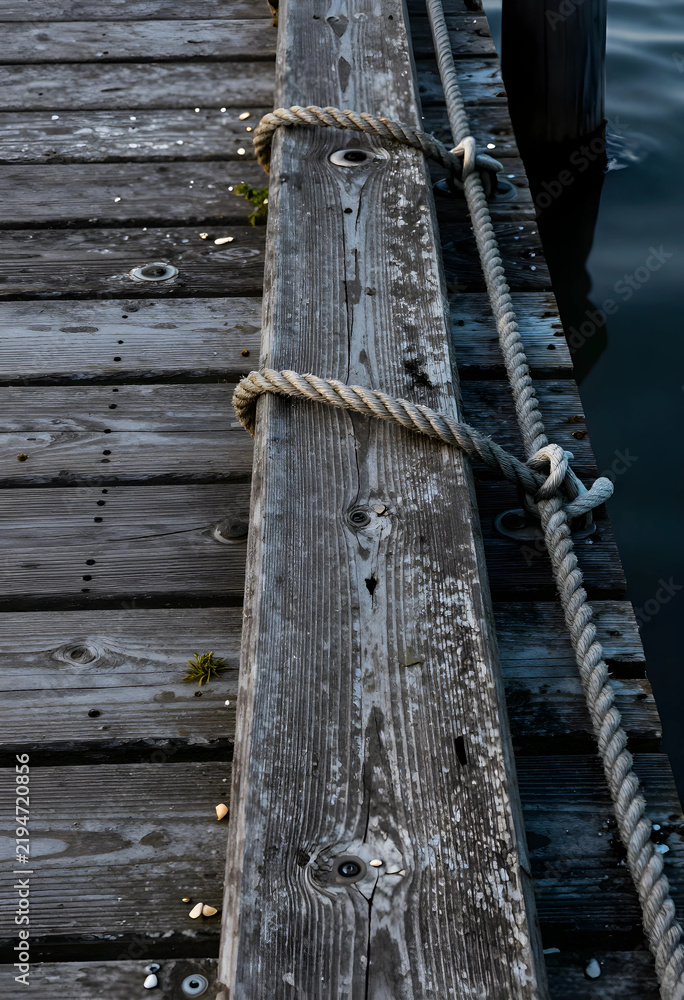 Fototapeta premium Travel and adventure concept, weathered wooden pier with nautical rope mooring at a lake dock for maritime transportation and summer vacation leisure
