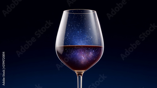 Wine glass filled with dark liquid reflecting a starry night sky, showcasing a cosmic theme against a dark gradient background