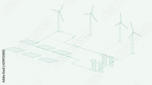 Renewable Energy Wireframe Network with Wind Turbines Solar Panels and Battery Storage Seamless Loop