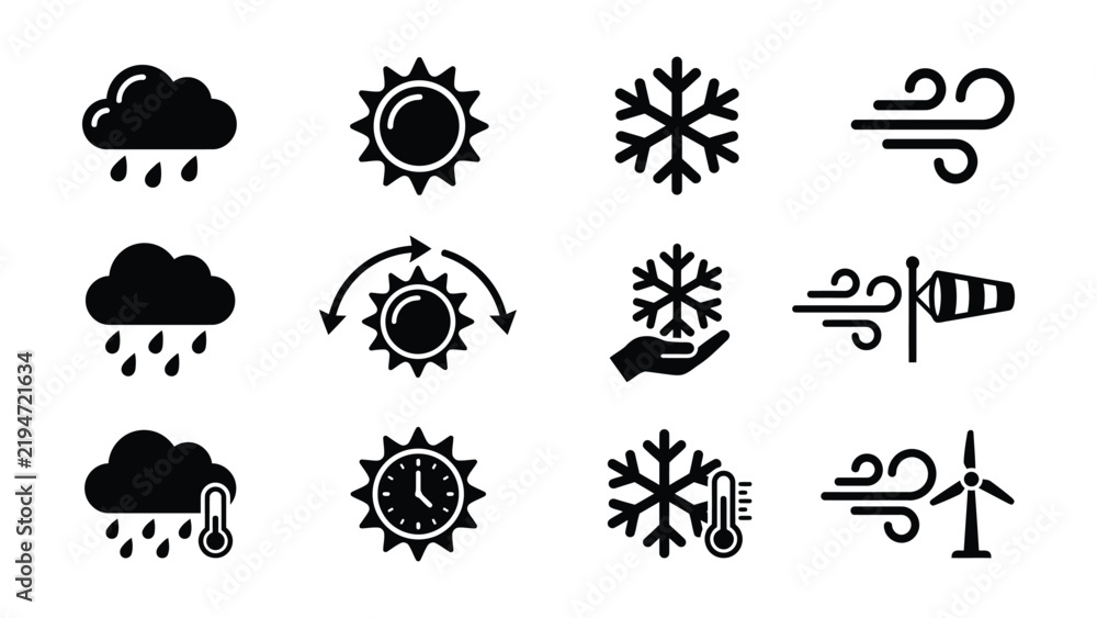 Obraz premium Set of twelve weather condition icons with transparent background for various forecasts
