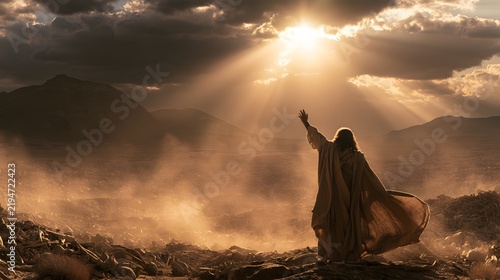 Biblical prophet standing in a vast valley of dry bones under dramatic sunlight and stormy desert skies