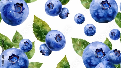 Blueberries with Green Leaves Pattern in Watercolor Style Perfect for Inviting and Fresh Food Illustrations and Designs
